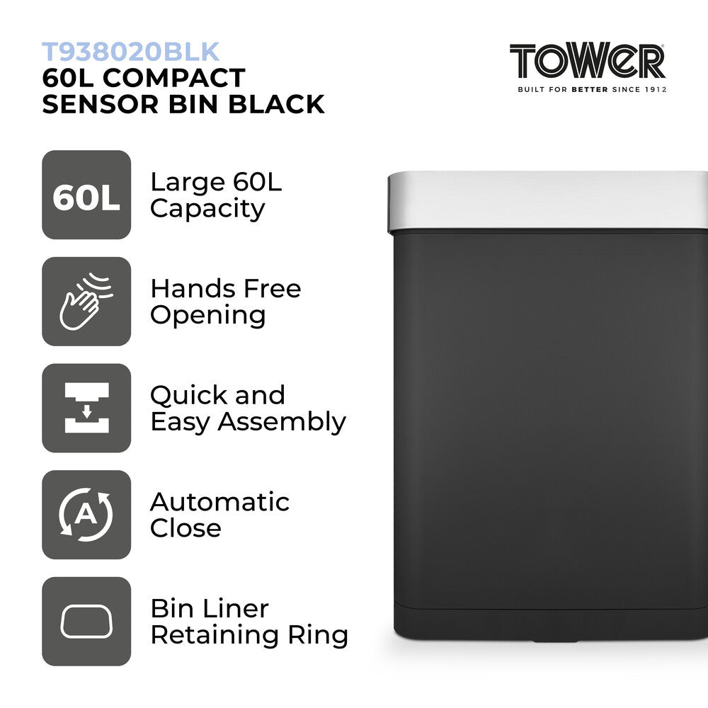 Tower 60L Compact Sensor Bin - Black