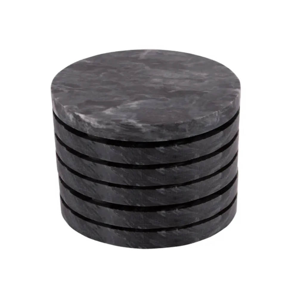 Round Black Marble Coasters -  Set of 6