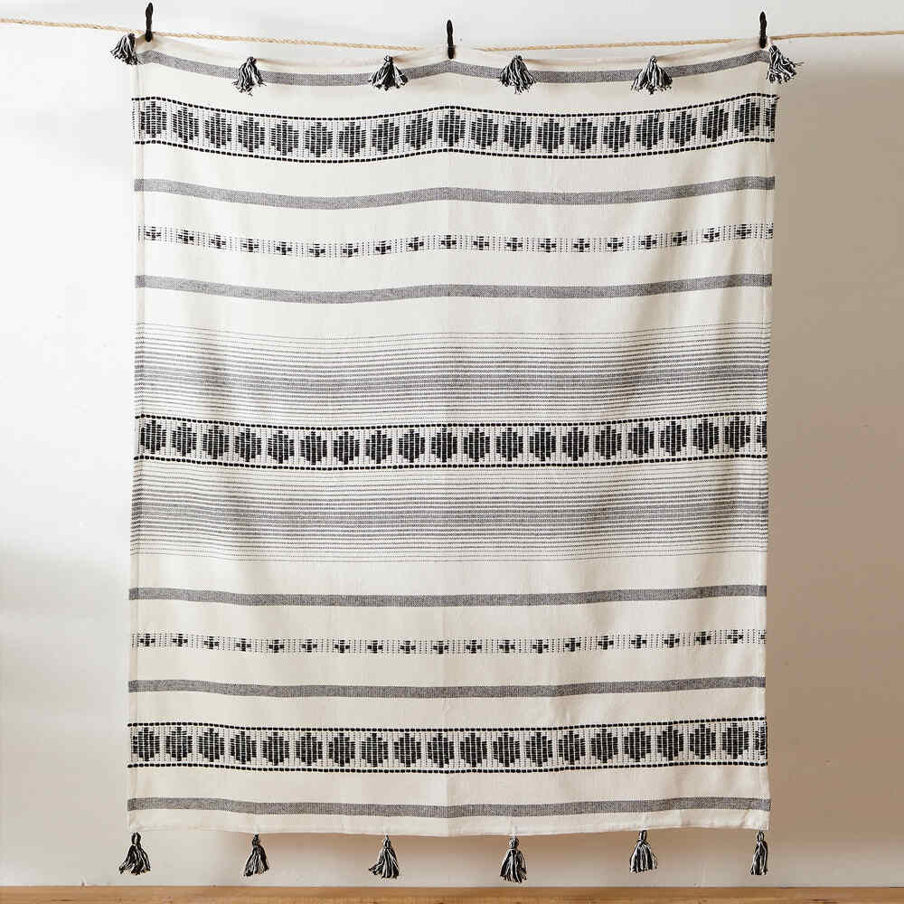 Pangea Throw Boho Design Contrasting Tassels - Black