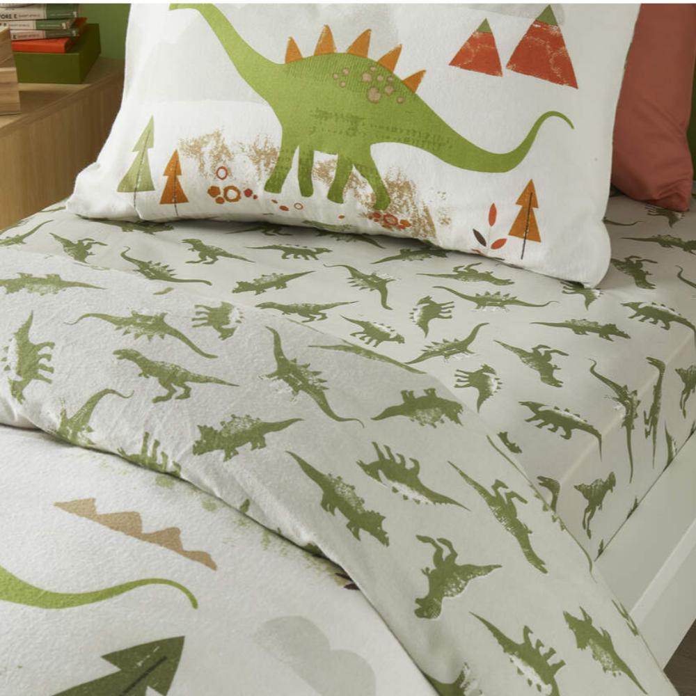 Dino Brushed Single Fitted Sheet - Green