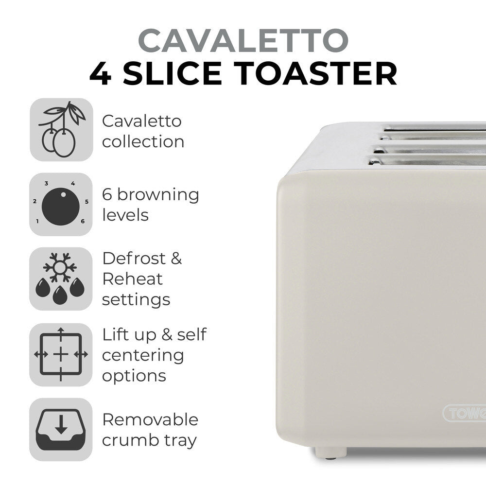 Tower Cavaletto Vintage 4 Slice Toaster - Latte