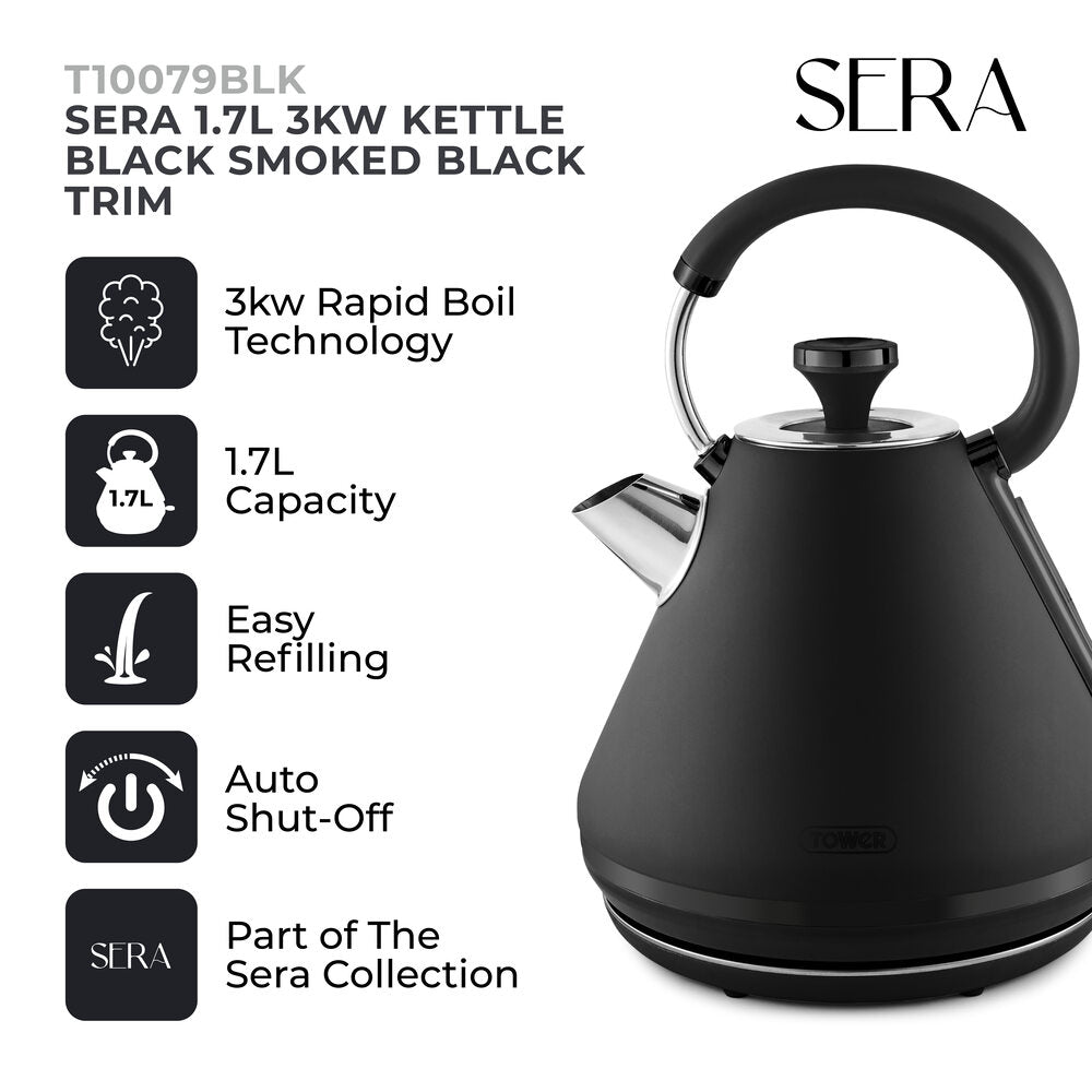 Tower Sera 3Kw Rapid Boil 1.7L Pyramid Kettle Smoke - Black