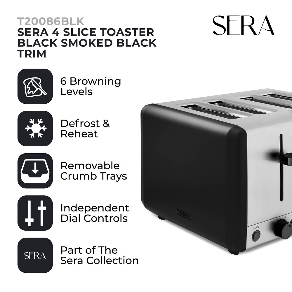 Tower Sera 4 Slice Toaster Smoke - Black