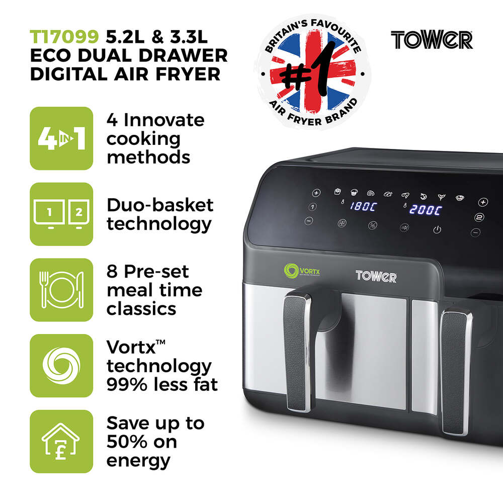 Tower Vortex Eco Dual Digital Air Fryer with 5.2L & 3.3L Drawers